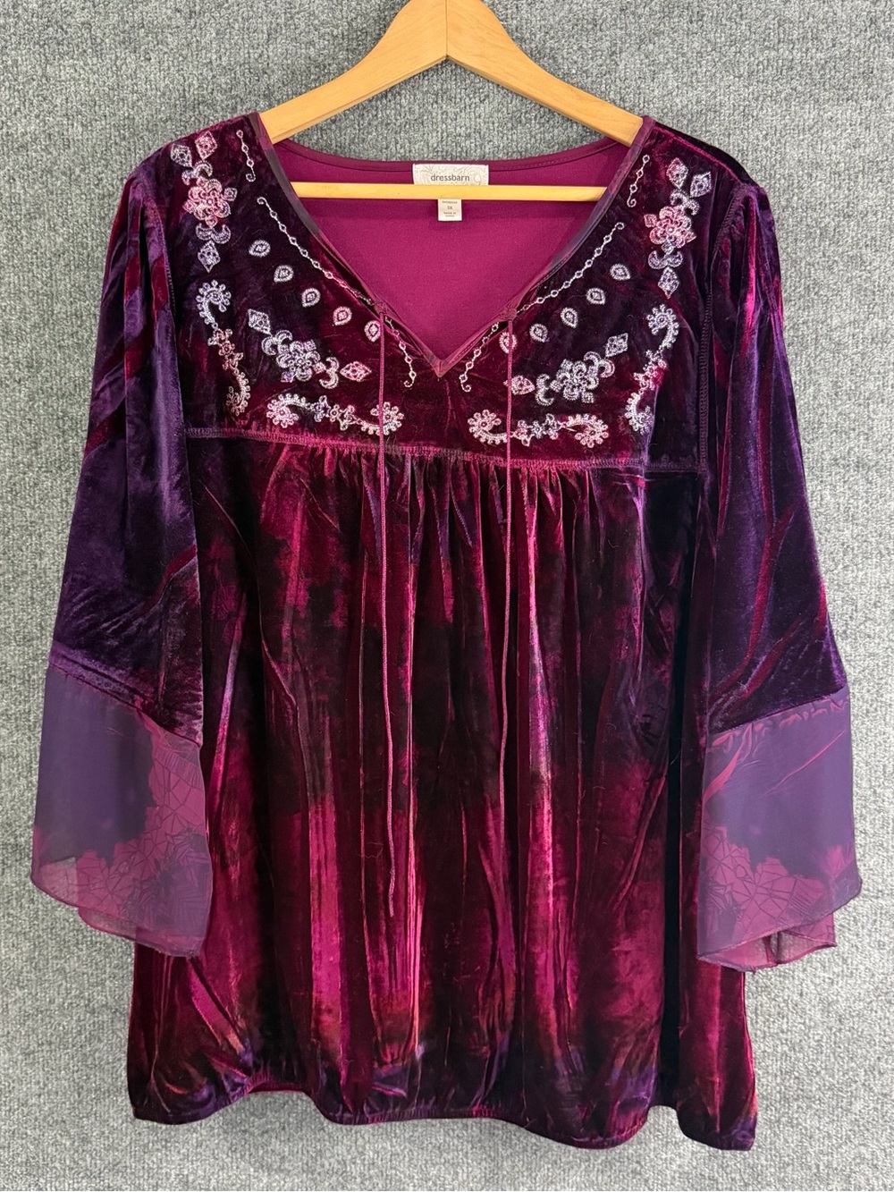 DressBarn Womens 3X Velvet Top Purple Pink 3/4 Bell Sleeve Boho Peasant Festival